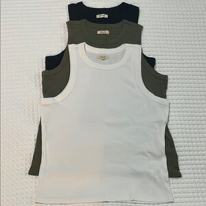 Madewell Set of Three High-neck Tanks in White, Olive, and Black